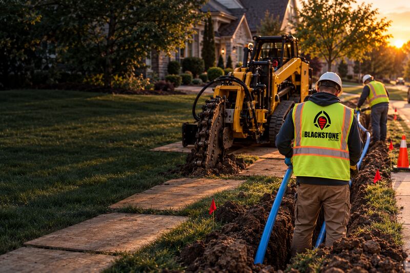 Worker in a Blackstone Utilities vest guiding blue pipe into a trench cut through a front lawn beside a walkway, with a tracked trencher, red marker flags and a second worker behind, at sunset.