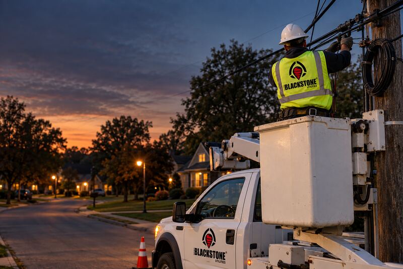 Worker in a Blackstone Utilities vest in the bucket of a branded bucket truck, working on cable at a utility pole above a residential street at dusk, with a coil of cable on the pole.