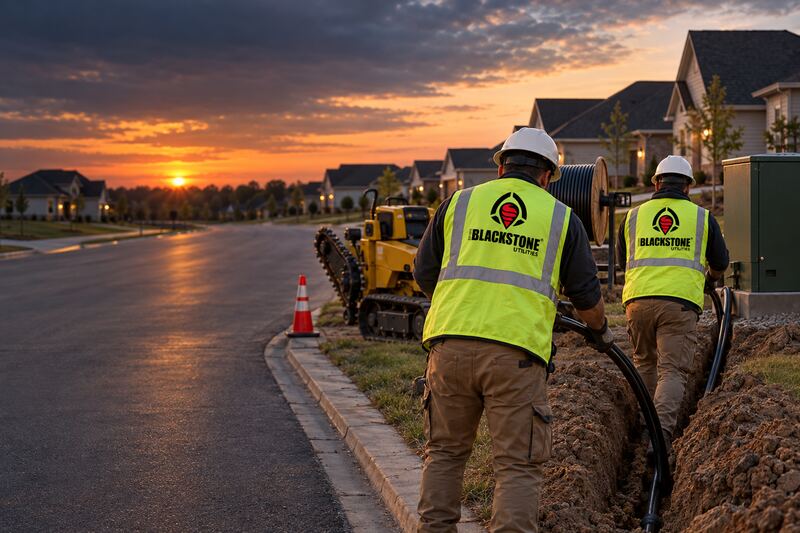 Two workers in Blackstone Utilities vests feeding black conduit from a reel into a trench along a subdivision street at sunset, with a tracked trencher, a traffic cone and a green utility cabinet.