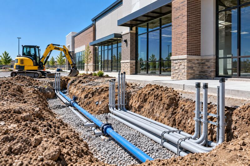 Trench beside a new commercial building with gray conduit stub-ups and a blue water service line on gravel bedding, and a mini excavator behind.