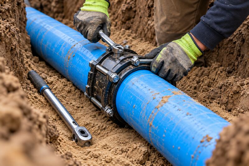 Gloved hands tightening a coupling on blue PVC water pipe laid on sand bedding in a trench, with a wrench on the sand beside it.