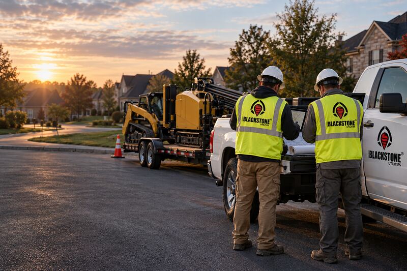 Two workers in Blackstone Utilities vests at a white pickup with the company logo, next to a yellow directional drill on a trailer, on a residential street at sunrise.