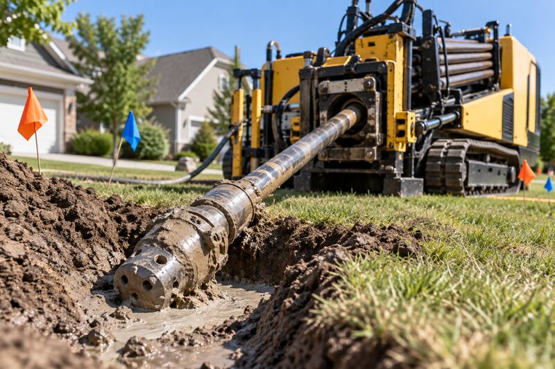 Drill rod and reamer entering the entry pit of a bore in a front lawn, with the yellow directional drill and orange and blue marker flags behind.