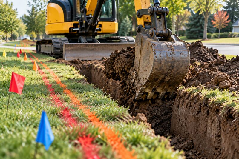 Excavator bucket digging a trench in a lawn beside red and orange locate paint marks and colored marker flags.