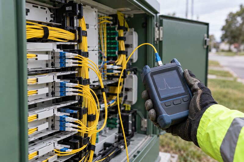Gloved hand holding a handheld fiber test meter, connected by a patch cord to an open green fiber cabinet full of yellow patch cords.