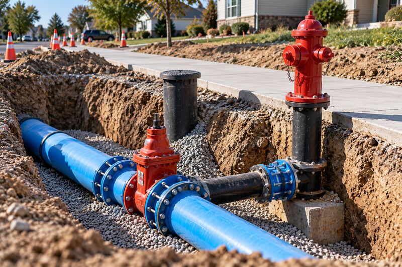 New red fire hydrant connected to a blue water main through a red gate valve, with a black valve box, in an open trench on gravel bedding beside a sidewalk.