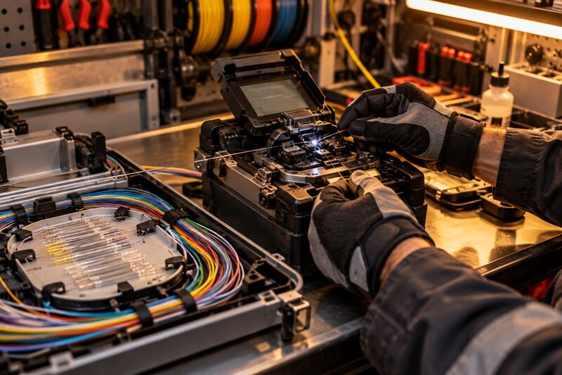 Gloved hands loading a fiber into a fusion splicer, next to an open splice tray holding color-coded fibers, on a workbench with spools of cable behind.