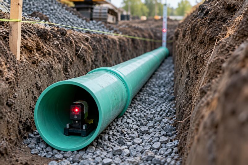 Green PVC sewer pipe laid on crushed-stone bedding in a trench, with a pipe grade laser set inside its open end.