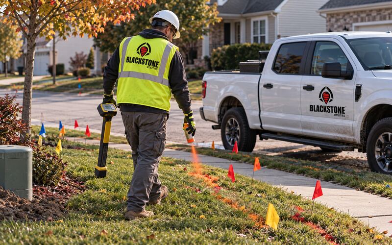 A worker in a Blackstone Utilities vest walking a front lawn with a utility locator, marking the ground with orange paint between colored marker flags, a white company pickup parked at the curb.