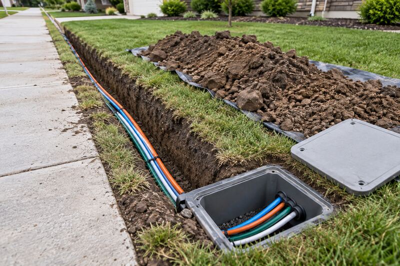 Narrow trench along a sidewalk with blue, orange, green and white microducts running into an open fiber handhole, its lid set aside on the lawn.