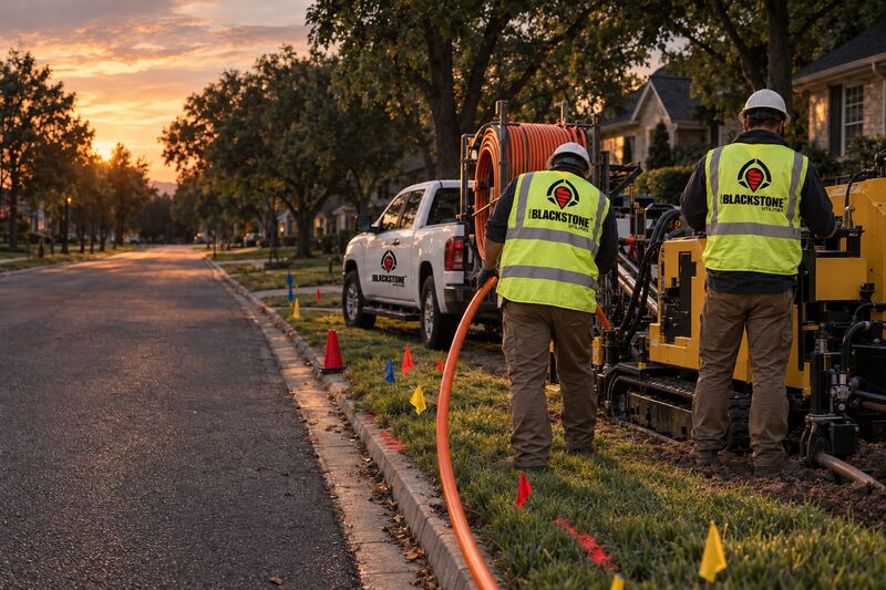 Two workers in Blackstone Utilities vests at a yellow drilling unit with a reel of orange conduit beside a residential street at sunset, with a branded pickup, traffic cones and colored marker flags along the curb.