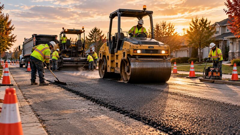 Road roller and workers finishing fresh asphalt on a residential street at sunset, with traffic cones along the edge.