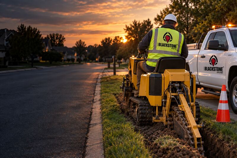 Operator in a Blackstone Utilities vest riding a yellow trencher that cuts a narrow trench in the grass beside a residential curb at sunset, with a branded pickup and a traffic cone.