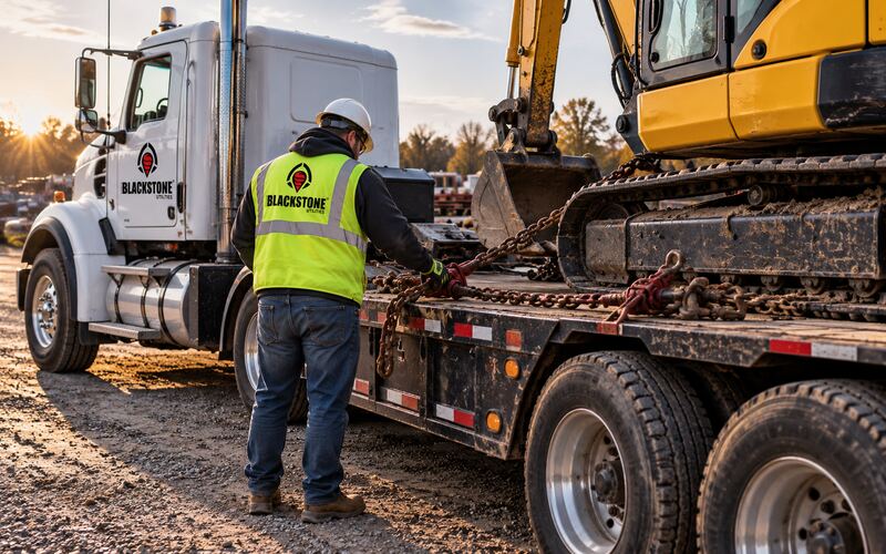 A worker in a Blackstone Utilities vest securing an excavator with chains on a lowboy trailer behind a white semi truck in an equipment yard at sunrise.