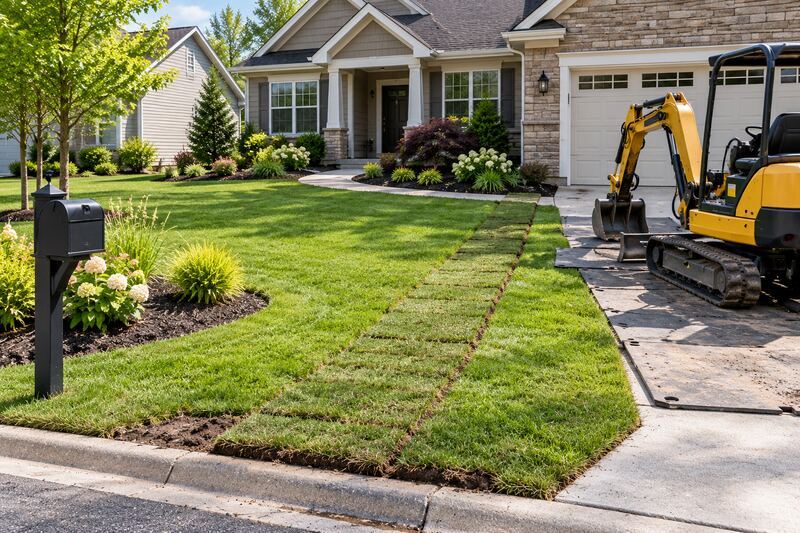 Front yard with a strip of new sod over a finished utility line running to the house, and a mini excavator parked on ground mats on the driveway.