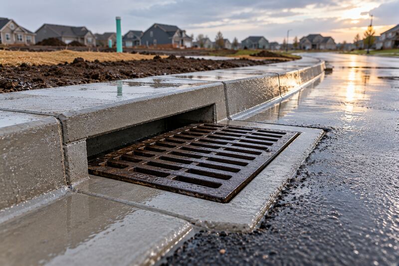New storm inlet with a cast-iron grate in a freshly poured concrete curb on a subdivision street, wet after rain.