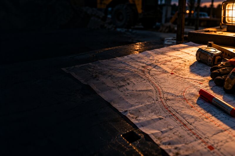 Utility plan sheet spread on a dark worktable under a work lamp at dusk, with a tape measure, work gloves and a marker.