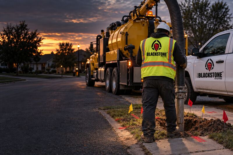 Worker in a Blackstone Utilities vest lowering a vacuum hose into a small excavation at the curb, with a yellow vacuum excavation truck, a branded pickup and marker flags, at dusk.