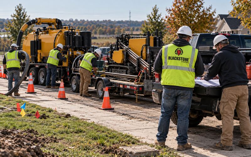 Workers in high-visibility vests at a vacuum excavation truck and a directional drill on a trailer, while two others review plans on the tailgate of a pickup along a sidewalk.