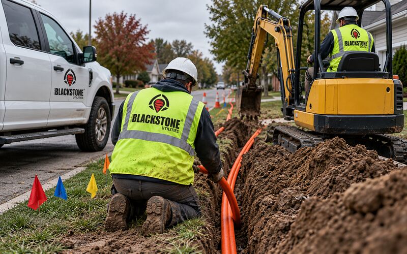 A worker in a Blackstone Utilities vest kneeling at an open trench guiding orange conduit while another worker operates a compact excavator, next to a white company pickup on a tree-lined residential street.