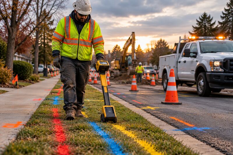 Worker with a handheld locating device walking over grass marked with red, blue and yellow utility paint, with a truck and an excavator behind.