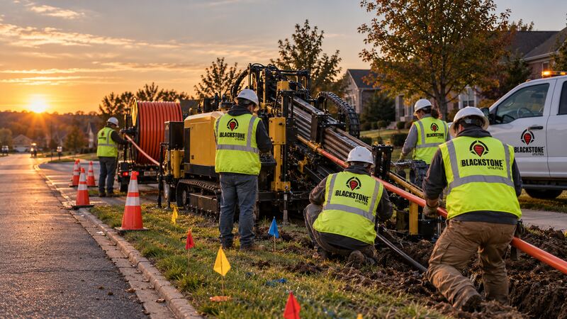 Workers in Blackstone Utilities vests at a yellow directional drill and a reel of orange conduit beside a residential street at sunset, with traffic cones, marker flags and a white pickup.