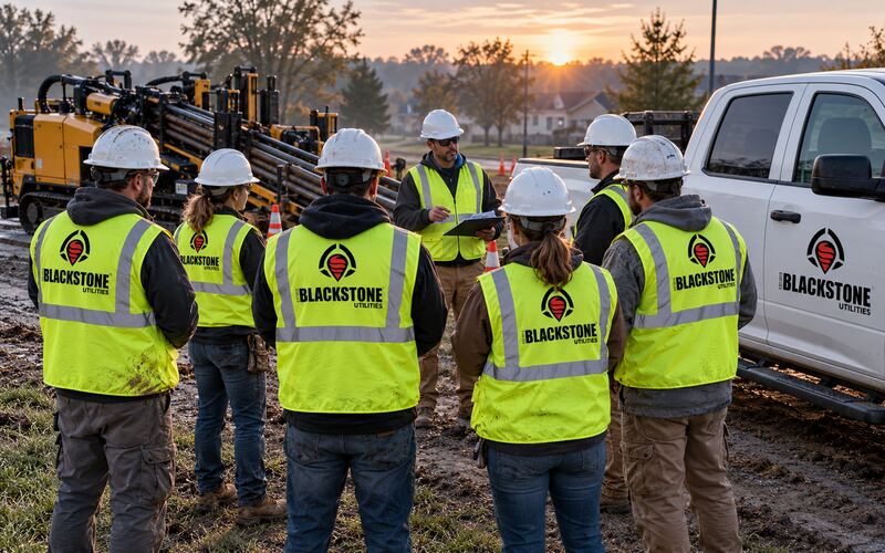 Workers in hard hats and Blackstone Utilities vests gathered around a supervisor with a clipboard for a morning safety briefing, beside a directional drill and a white pickup.